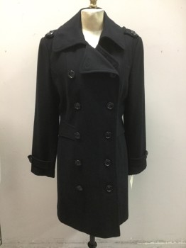 GIACCA, Black, Wool, Polyester, Solid, Double Breasted, Notched Lapel, Epaulets, 2 Pockets, Pointed Flap Side Waist Detail