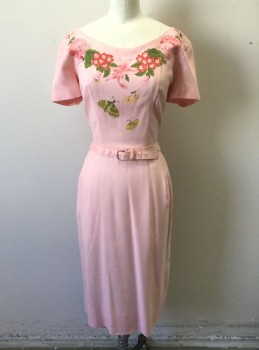 EDITH FLAGG, Lt Pink, Multi-color, Cotton, Rhinestones, Floral, Solid, Light Pink, Multicolor Floral and Butterfly Pattern at Neckline, with Silver Rhinestone Accents, Wide Scoop Neck, Short Sleeves, Pleats at Either Side of Waistline, Sheath Fit, Knee Length, Early 1960's **2 Piece with Matching Self Fabric BELT with Fabric Buckle