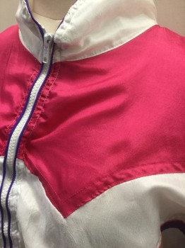 N/L, White, Fuchsia Pink, Purple, Orange, Nylon, Color Blocking, Windbreaker, Fuchsia Pink at Shoulders, Bottom Half and Stand Collar are White, Purple Panels on Sleeves, Purple and Orange Piping Throughout, Zip Front, Dolman Sleeves, 2 Pockets, Elastic Waist,