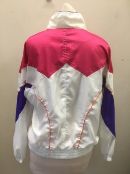 N/L, White, Fuchsia Pink, Purple, Orange, Nylon, Color Blocking, Windbreaker, Fuchsia Pink at Shoulders, Bottom Half and Stand Collar are White, Purple Panels on Sleeves, Purple and Orange Piping Throughout, Zip Front, Dolman Sleeves, 2 Pockets, Elastic Waist,