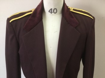 Mens, Coat, Doorman, PIERRE OF PARIS, Maroon Red, Gold, Polyester, Wool, Solid, 38, Maroon Velvet Collar, Notched Lapel, Two Gold Buttons, Epaulets with Metallic Gold Ribbon and Gold Button