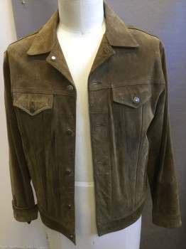 Mens, Leather Jacket, GAP, Olive Green, Suede, Solid, L, Denim Style Suede Jacket, Collar Attached, Button Front, Long Sleeves, Slit and Pocket Flaps