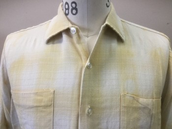 SEARS, Butter Yellow, Off White, Cotton, Plaid, Button Front, Short Sleeves, 2 Pockets, Collar Attached, Bleached Out at the Shoulders See Detail Photo,