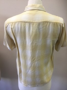 SEARS, Butter Yellow, Off White, Cotton, Plaid, Button Front, Short Sleeves, 2 Pockets, Collar Attached, Bleached Out at the Shoulders See Detail Photo,