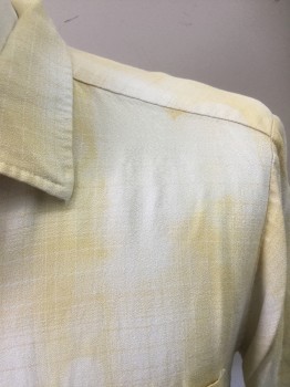 Mens, Casual Shirt, SEARS, Butter Yellow, Off White, Cotton, Plaid, M, Button Front, Short Sleeves, 2 Pockets, Collar Attached, Bleached Out at the Shoulders See Detail Photo,