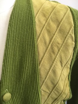 BRENTWOOD SPORTSWEAR, Avocado Green, Chartreuse Green, Orlon Acrylic, Suede, Color Blocking, Button Front, Cardigan, Diagonal Quilted Suede Panels, Rib Knit,