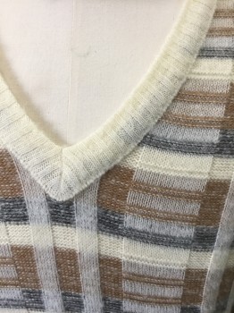 N/L, Cream, Beige, Gray, Acrylic, Stripes - Horizontal , With  Vertical Cream Ribbed Stripes, Knit, Pullover, V-neck, Long Sleeves, Solid Cream at Neck/Cuffs/Waist,