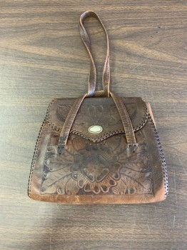 Womens, Purse, ASKEW, Brown, Leather, Floral, 6x7.5", Mexican Embossed Leather, Single Snap Closure. 1 Strap Longer Than the Other,