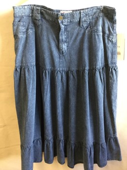 Womens, Skirt, Below Knee, SCULLY, Blue, Cotton, Solid, L, Blue Denim, 1.3" Waist Band with Wide/large Belt Hoops, 5 Pockets (2 Fake Front), Zip Front, Gathered Dropped Waist, 6" Ruffle Hem