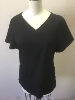 URBANE, Black, Rayon, Polyester, Solid, Short Sleeves, Surplice V-neck, 5 Pockets/Compartments at Hips, Asymmetrical Seam at Back Waist
