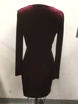 H&M , Wine Red, Polyester, Elastane, Solid, Velvet, Crossover Bust with Pleating at Waist, Long Sleeves, Wrap Look