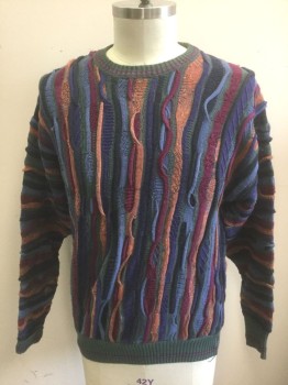 FLORENCE TRICOT, Multi-color, Purple, Raspberry Pink, Burnt Orange, Gray, Cotton, Acrylic, Abstract , Pullover with Colorful Vertical Wavy Textured Knit, Neck/Cuffs/Waist and Gray Ribbed with Raspberry Stripes, Coogi/Cosby Style