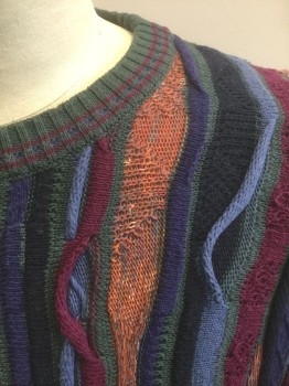 FLORENCE TRICOT, Multi-color, Purple, Raspberry Pink, Burnt Orange, Gray, Cotton, Acrylic, Abstract , Pullover with Colorful Vertical Wavy Textured Knit, Neck/Cuffs/Waist and Gray Ribbed with Raspberry Stripes, Coogi/Cosby Style