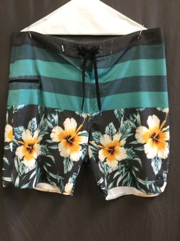 Mens, Swim Trunks, RIPCURL, Charcoal Gray, Forest Green, Teal Green, Goldenrod Yellow, Orange, Polyester, Cotton, Stripes - Horizontal , Hawaiian Print, 36, Charcoal Gray/forrest Green/teal Green Horizontal Stripes, Charcoal Gray with Goldenrod/orange/green Hibiscus Hawaiian Floral Print Block, Black with White String Front, 1 Pocket with Black Zipper