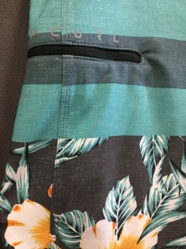 Mens, Swim Trunks, RIPCURL, Charcoal Gray, Forest Green, Teal Green, Goldenrod Yellow, Orange, Polyester, Cotton, Stripes - Horizontal , Hawaiian Print, 36, Charcoal Gray/forrest Green/teal Green Horizontal Stripes, Charcoal Gray with Goldenrod/orange/green Hibiscus Hawaiian Floral Print Block, Black with White String Front, 1 Pocket with Black Zipper