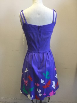 MALIA, Periwinkle Blue, Pink, White, Red, Green, Cotton, Novelty Pattern, Sleeveless with Double Straps, Back Zipper, Sun dress, Butterfly Print