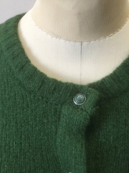 CHARLIE & ROBIN, Pea Green, Wool, Nylon, Solid, Knit, Long Sleeves, Snap Front, Scoop Neck, Cropped/Short Waisted, Fitted, 2 Faux "Pocket" Details at Front, Retro Look