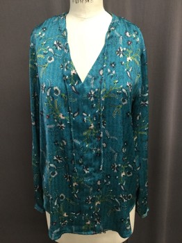 Womens, Top, LIZ CLAIBORNE, Teal Blue, Pink, Maroon Red, Lime Green, Polyester, Floral, Herringbone, M, Pull Over, V-neck, Neck Ties, Long Sleeves,
