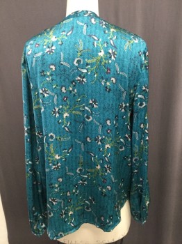 Womens, Top, LIZ CLAIBORNE, Teal Blue, Pink, Maroon Red, Lime Green, Polyester, Floral, Herringbone, M, Pull Over, V-neck, Neck Ties, Long Sleeves,