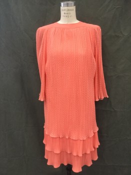 RISA ANN, Coral Orange, Polyester, Solid, Tiered Dress, Sheer Netting with Self Cross Hatch Pattern Top Layer, Gathered Pleats at Solid Curved Yoke, Yoke Extends Over Shoulders, Bell Gathered Pleat Long Sleeves, 2 Solid Pleated Layers Underneath, Button Loop Back Closure