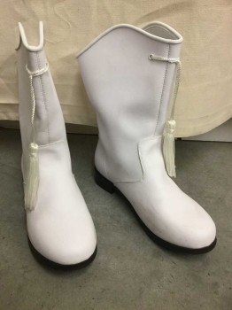 Unisex, Marching Band, Majorette Boots, GOTHAM BRAND, White, Faux Leather, Solid, 5, White Shin High Ankle Boots with Tassles, Black Sole, Multiples,