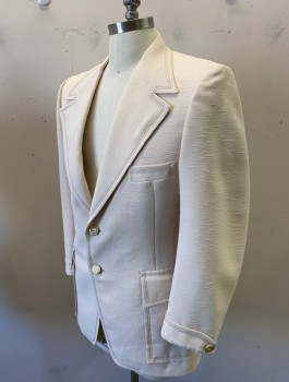 LESLIE'S, Cream, Polyester, Solid, Slub Textured, Single Breasted, Wide Notched Lapel, Brown Top Stitching, 2 Cream and Gold Buttons, 3 Pockets Including 2 Large Patch Pockets at Hips,
