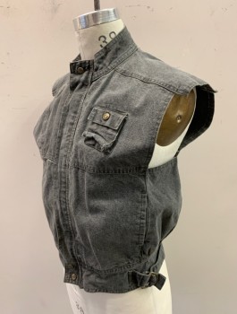 BELLAVIA, Faded Black, Cotton, Solid, Denim, Zip Front, Unusual Shaped Arm Openings with Squared Tab at Shoulder, Stand Collar, 1 Small Chest Pocket, Adjustable Tabs at Waist,