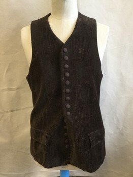Mens, Historical Fiction Vest, NL, Dk Brown, Tan Brown, Cotton, Heathered, 46, Cotton Velour, Long, V Neck, 2 Flap Faux Pockets, 14 Covered Buttons of Brown Fabric , C/B 2 Hole Lace Up Cincher with Leather Wang, Brown Poly Satin Lining