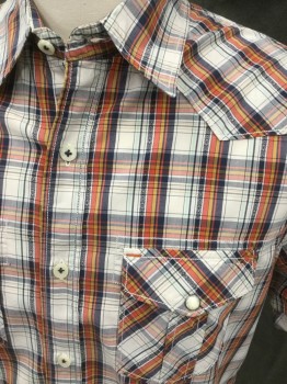 AMERICAN EAGLE, White, Orange, Navy Blue, Yellow, Cotton, Plaid, Button Front, Collar Attached, Western Yoke, Short Sleeves, 2 Flap Pockets