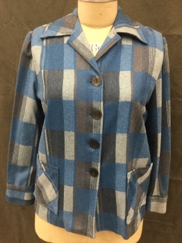 Womens, Jacket, KERRY BROOKE, Blue, Slate Gray, Cream, Wool, Plaid, B 44, Button Front, Pointy Collar Attached, Pleated Shoulders, Long Sleeves, Button Cuff, 2 Pockets