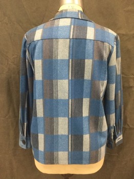 Womens, Jacket, KERRY BROOKE, Blue, Slate Gray, Cream, Wool, Plaid, B 44, Button Front, Pointy Collar Attached, Pleated Shoulders, Long Sleeves, Button Cuff, 2 Pockets