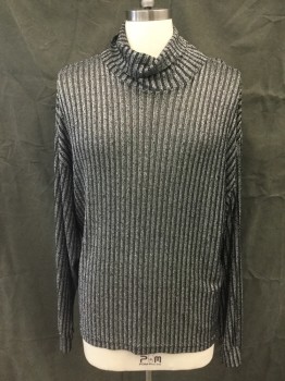 INTERNATIONAL MALE, Black, Silver, Acetate, Lurex, Silver Sparkly, Ribbed Knit, Turtleneck, Long Sleeves, with Cuff