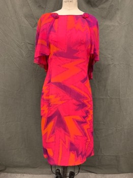 Womens, Cocktail Dress, N/L, Fuchsia Pink, Purple, Orange, Black, Acetate, Zig-Zag , Abstract , W 30, B 34, H 34, Chiffon Zig Zag Abstract Pattern Over Solid Pink, Boat Neck, Zip Back, Sheer Attached Capelet with Florettes at Neck,