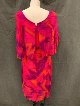 N/L, Fuchsia Pink, Purple, Orange, Black, Acetate, Zig-Zag , Abstract , Chiffon Zig Zag Abstract Pattern Over Solid Pink, Boat Neck, Zip Back, Sheer Attached Capelet with Florettes at Neck,