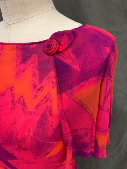 N/L, Fuchsia Pink, Purple, Orange, Black, Acetate, Zig-Zag , Abstract , Chiffon Zig Zag Abstract Pattern Over Solid Pink, Boat Neck, Zip Back, Sheer Attached Capelet with Florettes at Neck,