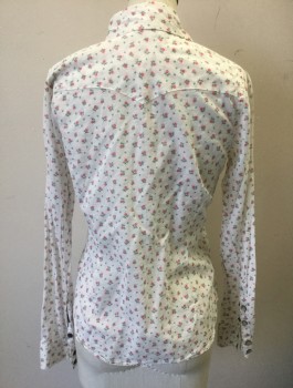 I LOVE H81, White, Pink, Green, Cotton, Floral, Tiny Floral Pattern, Long Sleeves, Snap Front, Collar Attached, Western Style Yoke and Pocket Flaps, 2 Pockets with Button Flap Closures, Fitted