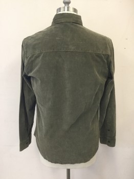 JEREMIAH, Olive Green, Cotton, Solid, Corduroy, Button Front, Collar Attached, Button Down Collar, Long Sleeves, 2 Flap Pockets
