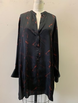 Womens, Top, ZARA, Black, Rust Orange, Polyester, Animals, XL, Button Placket, Collar Attached, Long Sleeves, V-neck,