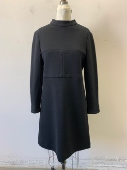 MTO, Black, Wool, Solid, Shift Dress. Wool Jersey Knit, Zipper Center Back, Long Sleeves, Rectangle Detail at Front and Back Bodice