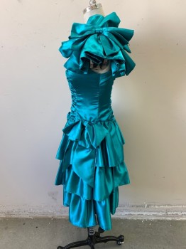 Womens, Cocktail Dress, NL, Teal Green, Polyester, Solid, W25, B32, Sleeveless, Large Bow and Flounce Shoulders, Zip Back, Ruched Bodice, Sweetheart Neck, 3 Tiered Flounce Skirt, Above Knee,
