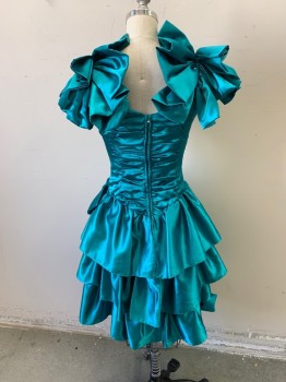 Womens, Cocktail Dress, NL, Teal Green, Polyester, Solid, W25, B32, Sleeveless, Large Bow and Flounce Shoulders, Zip Back, Ruched Bodice, Sweetheart Neck, 3 Tiered Flounce Skirt, Above Knee,