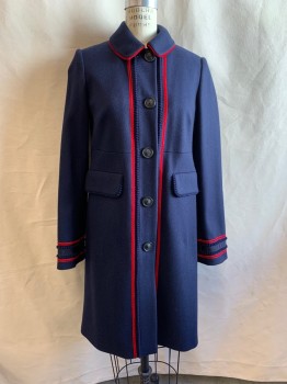 Womens, Coat, BODEN, Navy Blue, Red, Wool, Polyester, Solid, 4, Single Breasted, Button Front, Collar Attached, Back Belt Button Detail, Red Velvet Trim and Piping,  Mini Pompom Trim at Placket, Pocket and Cuffs, Inverted Box Pleat Center Back,