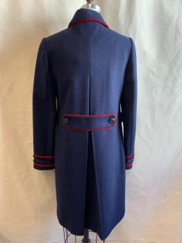 Womens, Coat, BODEN, Navy Blue, Red, Wool, Polyester, Solid, 4, Single Breasted, Button Front, Collar Attached, Back Belt Button Detail, Red Velvet Trim and Piping,  Mini Pompom Trim at Placket, Pocket and Cuffs, Inverted Box Pleat Center Back,