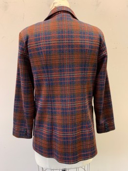 Womens, 1970s Vintage, Suit, Jacket, GRAFF, Red, Navy Blue, Brown, Polyester, Plaid, B: 34, Notched Lapel, Single Breasted, Button Front, 2 Pockets,