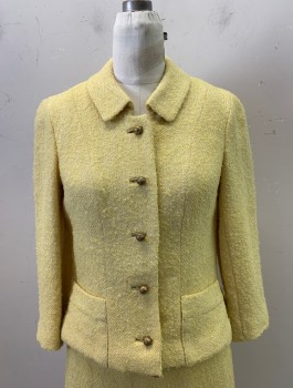 Womens, 1960s Vintage, Suit, Jacket, I. MAGNIN, Yellow, Wool, Acrylic, Solid, W26, B34, C.A., Button Front, 5 Gold Round Buttons, 2 Pockets, 2 Back Vents *Small Rust Stain on Bottom Front Hem, See Picture*