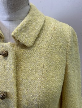 Womens, 1960s Vintage, Suit, Jacket, I. MAGNIN, Yellow, Wool, Acrylic, Solid, W26, B34, C.A., Button Front, 5 Gold Round Buttons, 2 Pockets, 2 Back Vents *Small Rust Stain on Bottom Front Hem, See Picture*