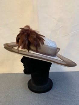 Womens, Hat , NO LABEL, Pearl White, Dk Brown, Straw, OS, Round Crown, Wide Brim, Net Trim, Embroiderred And Feathered Detail