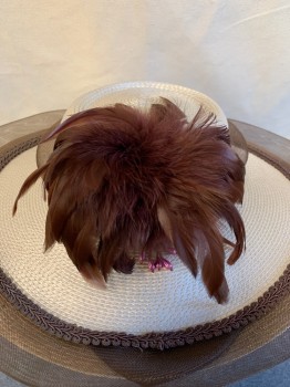 Womens, Hat , NO LABEL, Pearl White, Dk Brown, Straw, OS, Round Crown, Wide Brim, Net Trim, Embroiderred And Feathered Detail