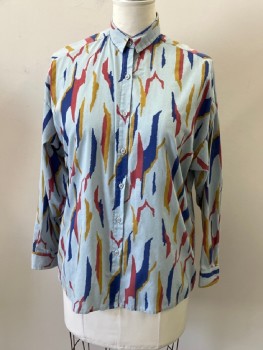 Womens, Shirt, SUNSET BLUES, Blue-Gray, Navy Blue, Mustard Yellow, Faded Red, Poly/Cotton, Abstract , B:40, L, C.A., B.F.t, L/S