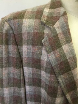 N/L, Mauve Pink, Gray, Brown, Wool, Plaid, Tweed, Single Breasted, Collar Attached, Notched Lapel, 3 Pockets, 2 Buttons